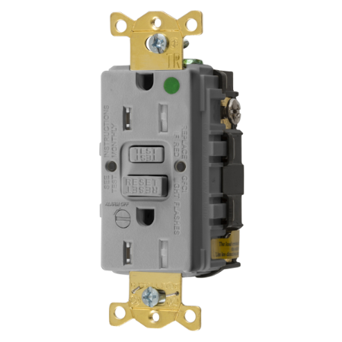 Gfci Receptacle,15A 125V, 5-15R, Leaded, Gray, With Alarm