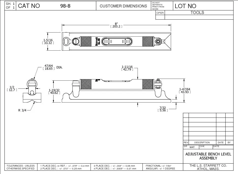 STARRETT 98-12 Machinists Level, Graduated Vial, 12 Inch Length | AC4HLM 2ZVL5 / 50443